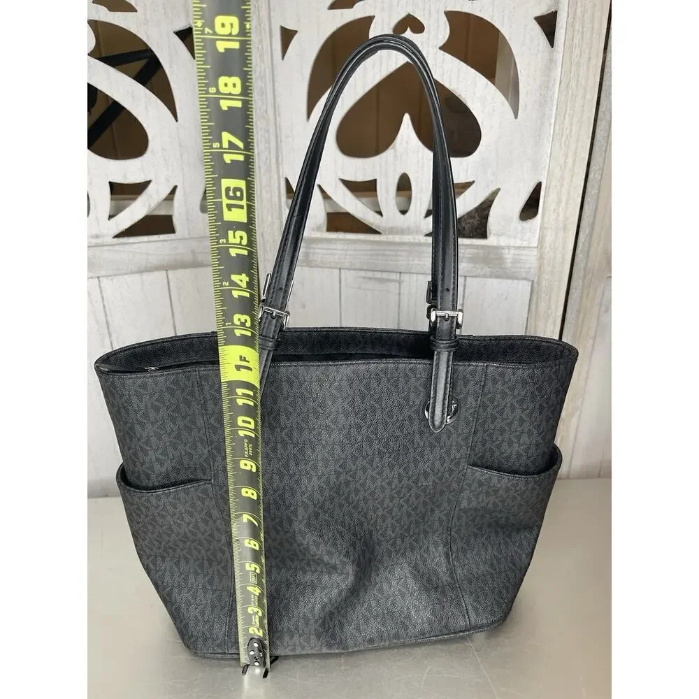 Michael Kors Signature Large Jet Set Logo Tote Black With Silver Hardware